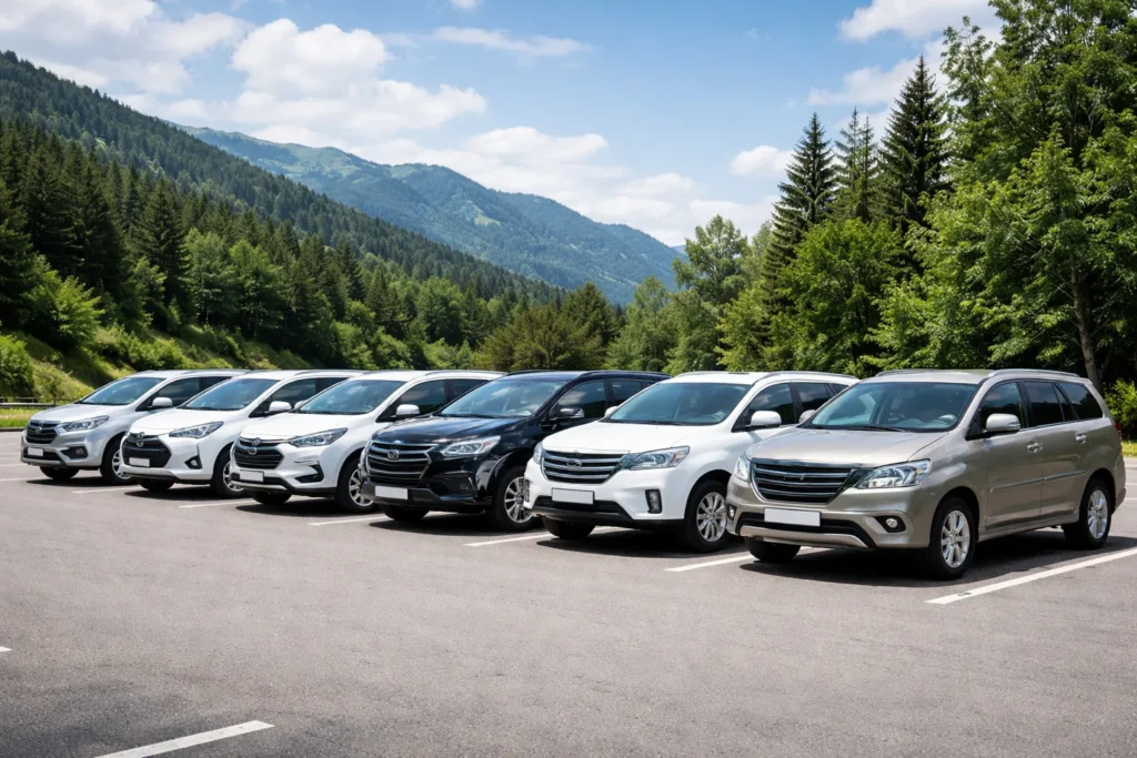 Dàn xe dịch vụ giá rẽ đi du lịch 7 chỗ đời mới phục vụ du lịch, không gian rộng rãi, tiện nghi đầy đủ.