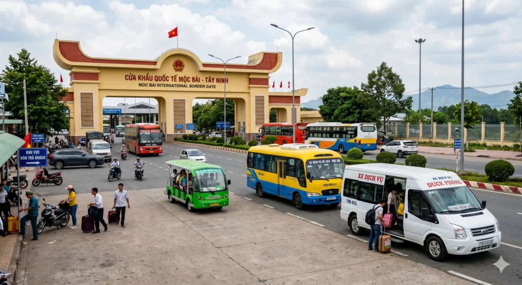 xe du lịch chở khách đến tham quan cửa khẩu Mộc Bài